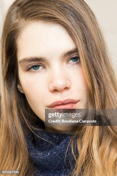 Model Sophie Rask is seen backstage ahead of the Blumarine show during Milan Fashion Week Fall/Winter 2018/19 on February 23, 2018 in Milan, Italy.