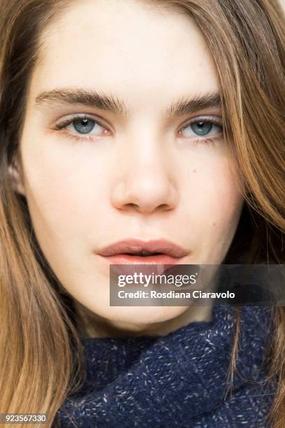 Model Sophie Rask is seen backstage ahead of the Blumarine show during Milan Fashion Week Fall/Winter 2018/19 on February 23, 2018 in Milan, Italy.