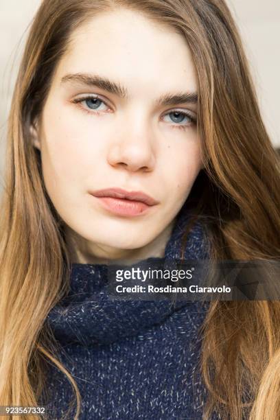 Model Sophie Rask is seen backstage ahead of the Blumarine show during Milan Fashion Week Fall/Winter 2018/19 on February 23, 2018 in Milan, Italy.