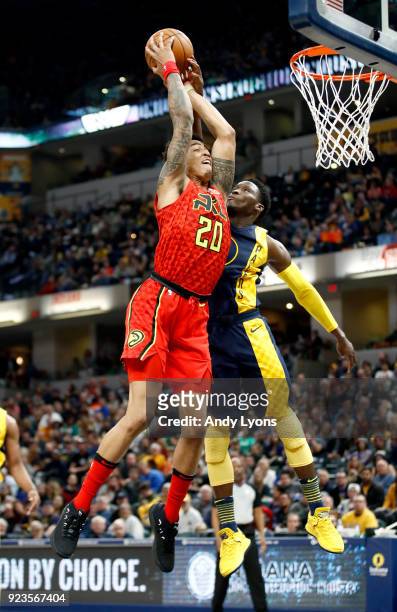 John Collins of the Atlanta Hawks shoots the ball against the Indiana Pacers during the game at Bankers Life Fieldhouse on February 23, 2018 in...