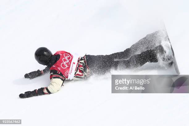 Max Parrot of Canada falls on the landing during the Men's Big Air Final Run 3 on day 15 of the PyeongChang 2018 Winter Olympic Games at Alpensia Ski...