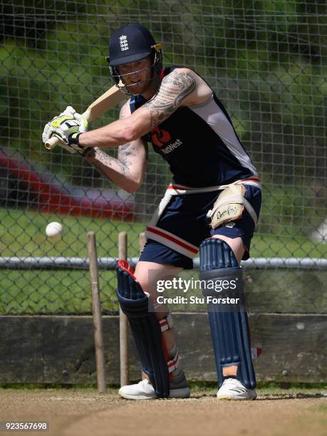 England player Ben Stokes has a go batting right handed during England nets ahead of the 1st ODI against the Black Caps at Seddon Park on February...