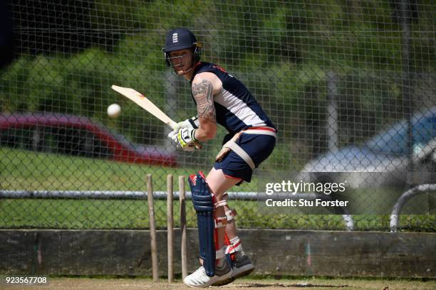 England player Ben Stokes has a go batting right handed during England nets ahead of the 1st ODI against the Black Caps at Seddon Park on February...