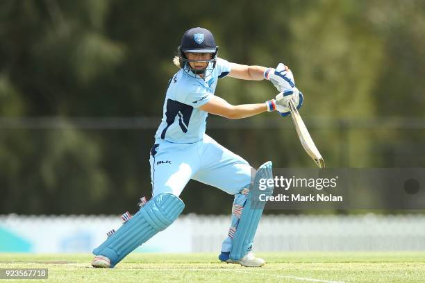 Ellyse Perry of NSW bats during the WNCL Final match between New South Wales and Western Australia at Blacktown International Sportspark on February...