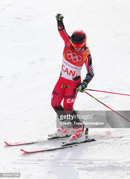 Erin Mielzynski of Canada celebrates during the Alpine Team Event 1/8 Finals on day 15 of the PyeongChang 2018 Winter Olympic Games at Yongpyong...