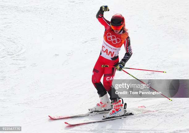 Erin Mielzynski of Canada celebrates during the Alpine Team Event 1/8 Finals on day 15 of the PyeongChang 2018 Winter Olympic Games at Yongpyong...