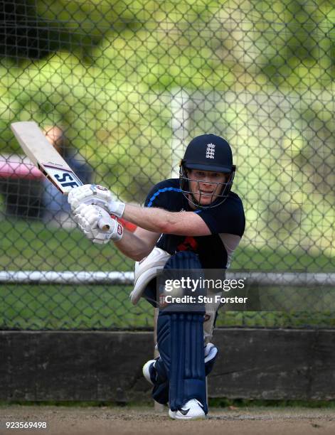 England captain Eoin Morgan in action during nets ahead of the 1st ODI at Seddon Park on February 24, 2018 in Hamilton, New Zealand.