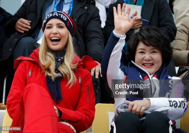 Ivanka Trump, U.S. President Trump's daughter and senior White House adviser, reacts as Kim Jung-sook, wife of South Korea's President Moon Jae-in,...