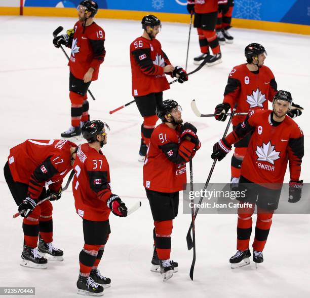 Players of Canada look dejected after defeat in Men's Semifinal ice hockey match between Canada and Germany on day fourteen of the 2018 Winter...