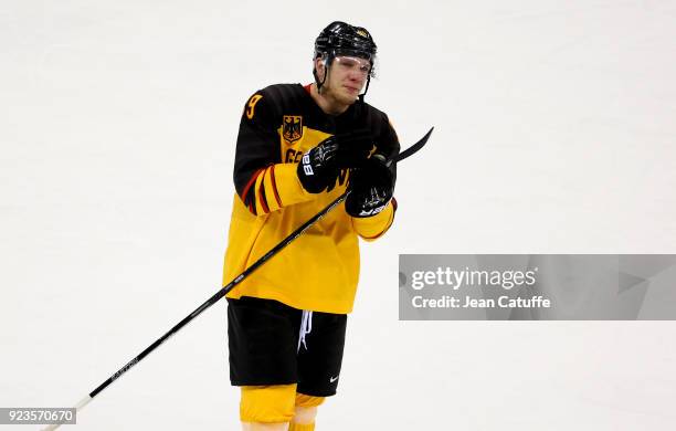 David Wolf of Germany celebrates after victory in Men's Semifinal ice hockey match between Canada and Germany on day fourteen of the 2018 Winter...