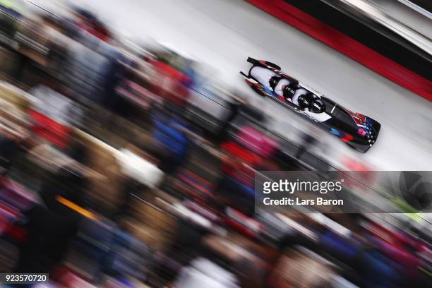 Justin Olsen, Nathan Weber, Carlo Valdes and Christopher Fogt of the United States compete during 4-man Bobsleigh Heats on day fifteen of the...