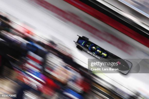 Edson Bindilatti, Odirlei Pessoni, Edson Ricardo Martins and Rafael Souza da Silva of Brazil compete during 4-man Bobsleigh Heats on day fifteen of...