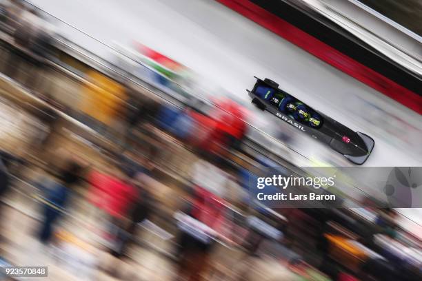 Edson Bindilatti, Odirlei Pessoni, Edson Ricardo Martins and Rafael Souza da Silva of Brazil compete during 4-man Bobsleigh Heats on day fifteen of...