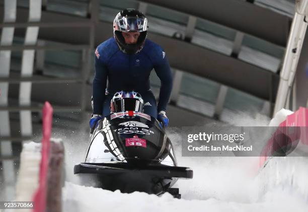 The Great Britain sled driven by Lamin Deen competes in Heat 2 of the 4-Man Bobsleigh at Olympic Sliding Centre on February 24, 2018 in...