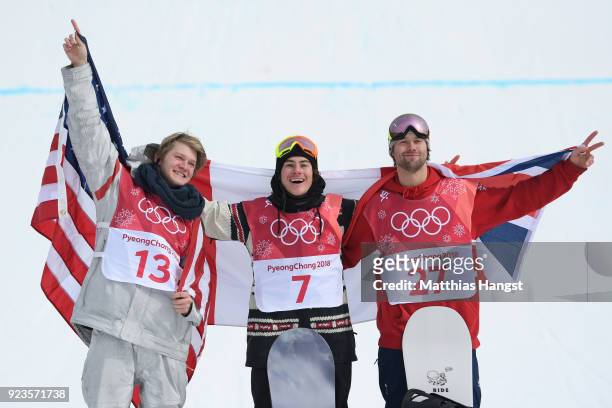 Silver medalist Kyle Mack of the United States, gold medalist Sebastien Toutant of Canada and bronze medalist Billy Morgan of Great Britain celebrate...