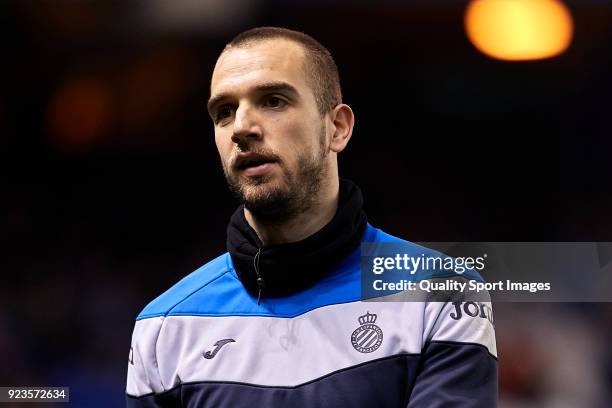 Pau Lopez of RCD Espanyol looks on prior to the La Liga match between Deportivo La Coruna and Espanyol at on February 23, 2018 in La Coruna, .