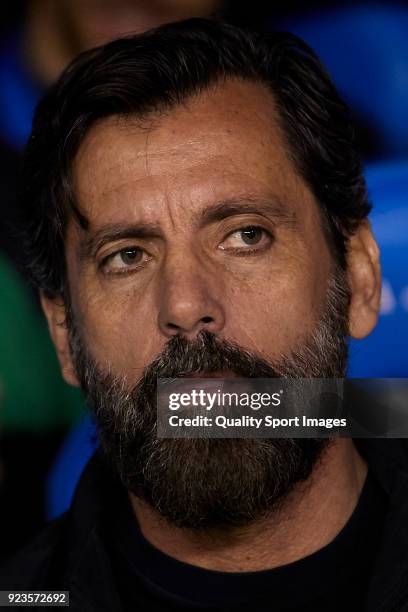 Quique Sanchez Flores the manager of RCD Espanyol looks on prior to the La Liga match between Deportivo La Coruna and Espanyol at on February 23,...