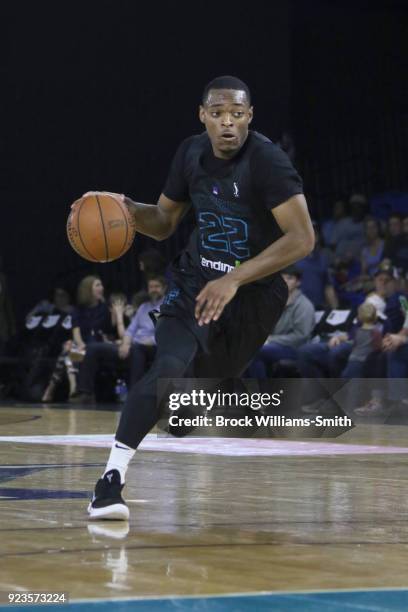 John Dawson of the Greensboro Swarm handles the ball against the Grand Rapids Drive during the NBA G-League on February 23, 2018 in Greensboro, North...