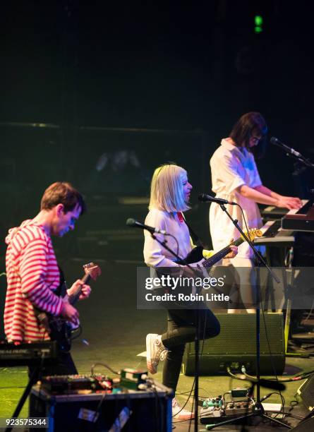 Alec O'Hanley, Molly Rankin and Kerri MacLellan of Alvvays perform at The Roundhouse on February 23, 2018 in London, England.