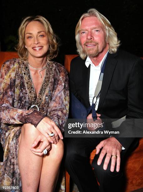 Actress Sharon Stone and Sir Richard Branson attend "Rock The Kasbah" hosted by Sir Richard Branson and Eve Branson held at Vibiana on October 26,...