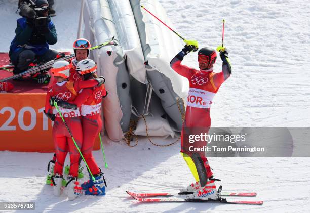 Leif Kristian Nestvold-Haugen of Norway celebrates winning the bronze medal with Kristin Lysdahl, Sebastian Foss-Solevaag and Nina Haver-Loeseth...