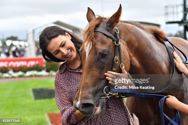 Nina O'Brien with Summer Sham after winning the Ladbrokes Angus Armanasco Stakes at Caulfield Racecourse on February 24, 2018 in Caulfield, Australia.