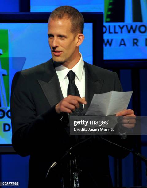 Pete Docter accepts the Animation Award onstage during the 13th annual Hollywood Awards Gala Ceremony held at The Beverly Hilton Hotel on October 26,...