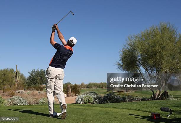 Pat Perez hits a tee shot on the 10th hole during the first round of the Frys.com Open at Grayhawk Golf Club on October 22, 2009 in Scottsdale,...