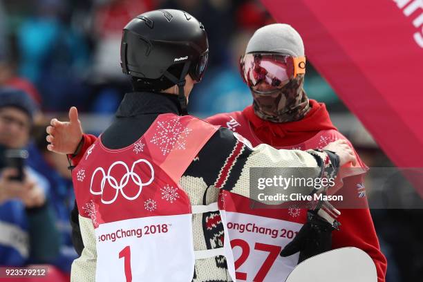 Billy Morgan of Great Britain and Max Parrot of Canada speak during the Men's Big Air Final on day 15 of the PyeongChang 2018 Winter Olympic Games at...