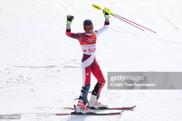 Ramon Zenhaeusern of Switzerland celebrates during the Alpine Team Event Big Final on day 15 of the PyeongChang 2018 Winter Olympic Games at...