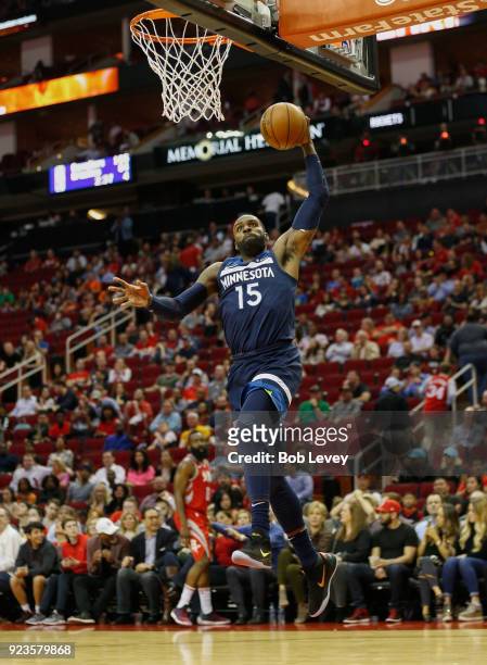Shabazz Muhammad of the Minnesota Timberwolves dunks in the fourth quarter against the Houston Rockets at Toyota Center on February 23, 2018 in...