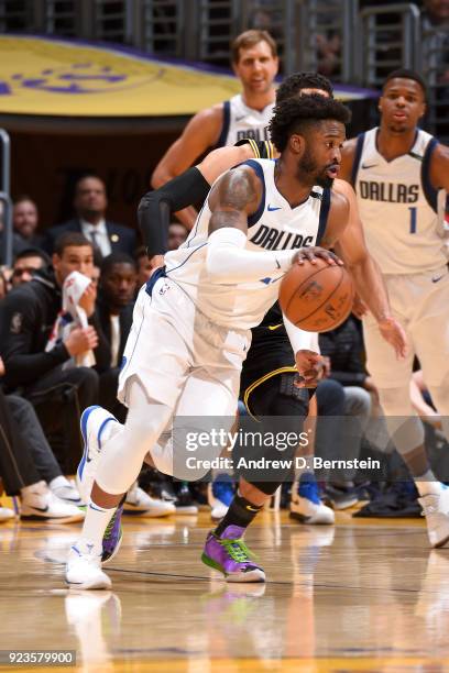 Wesley Matthews of the Dallas Mavericks handles the ball against the Los Angeles Lakers on February 23, 2017 at STAPLES Center in Los Angeles,...