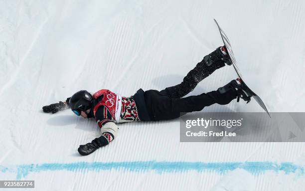 Max Parrot of Canada falls on the landing during the Men's Big Air Final Run 2 on day 15 of the PyeongChang 2018 Winter Olympic Games at Alpensia Ski...