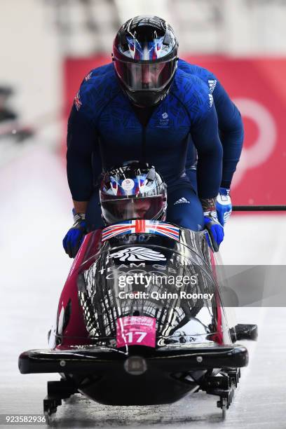 Brad Hall, Nick Gleeson, Joel Fearon and Greg Cackett of Great Britain compete during 4-man Bobsleigh Heats on day fifteen of the PyeongChang 2018...