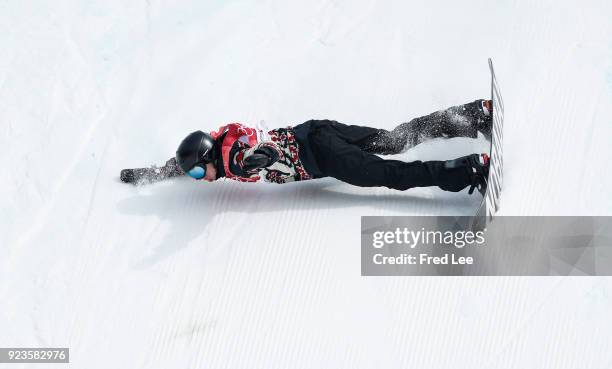 Max Parrot of Canada falls on the landing during the Men's Big Air Final Run 2 on day 15 of the PyeongChang 2018 Winter Olympic Games at Alpensia Ski...