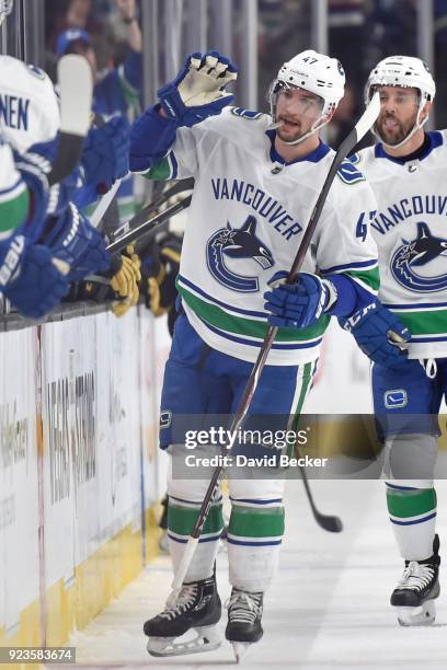 Sven Baertschi of the Vancouver Canucks celebrates after scoring a goal against the Vegas Golden Knights during the game at T-Mobile Arena on...
