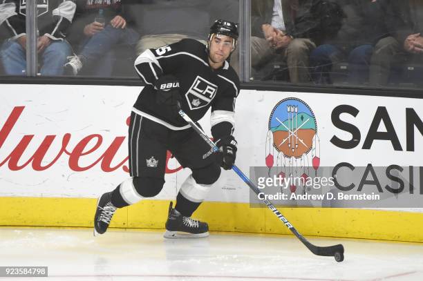 Andy Andreoff of the Los Angeles Kings looks to pass the puck during a game against the Dallas Stars at STAPLES Center on February 22, 2018 in Los...