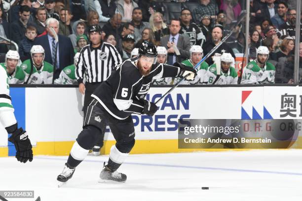 Jake Muzzin of the Los Angeles Kings shoots the puck during a game against the Dallas Stars at STAPLES Center on February 22, 2018 in Los Angeles,...