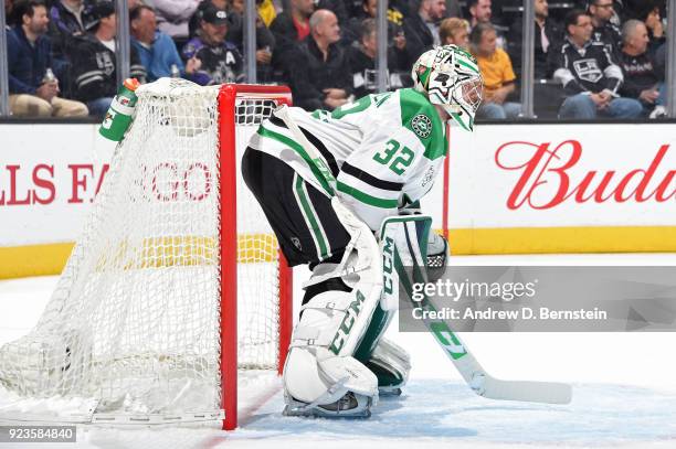Kari Lehtonen of the Dallas Stars defends the net during a game against the Los Angeles Kings at STAPLES Center on February 22, 2018 in Los Angeles,...