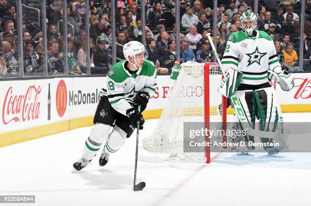 Tyler Pitlick of the Dallas Stars handles the puck during a game against the Los Angeles Kings at STAPLES Center on February 22, 2018 in Los Angeles,...