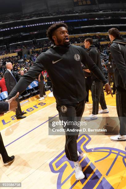 Wesley Matthews of the Dallas Mavericks high fives his teammates before the game against the Los Angeles Lakers on February 23, 2017 at STAPLES...