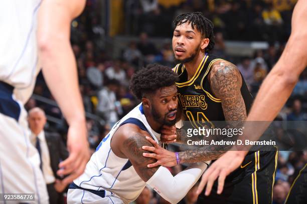 Wesley Matthews of the Dallas Mavericks boxes out against the Brandon Ingram of the Los Angeles Lakers on February 23, 2017 at STAPLES Center in Los...
