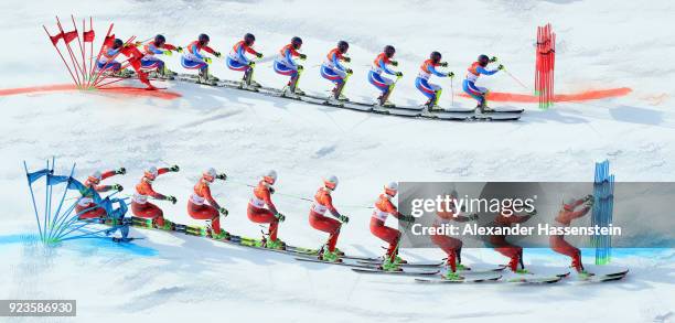 Manuel Feller of Austria and Alexis Pinturault of France compete during the Alpine Team Event small final on day 15 of the PyeongChang 2018 Winter...