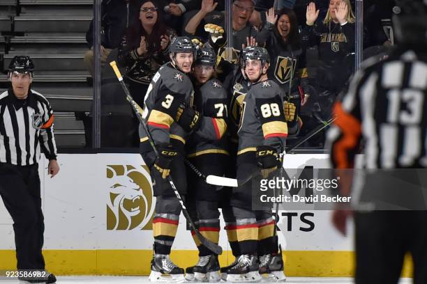 William Karlsson celebrates his goal with his teammates Brayden McNabb, Reilly Smith and Nate Schmidt of the Vegas Golden Knights against the...