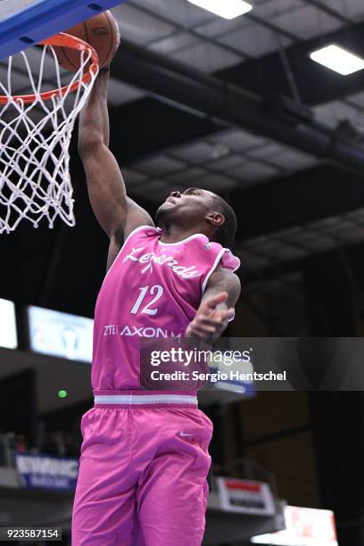 Jalen Jones of the Texas Legends dunks the ball against the Northern Arizona Suns during the NBA G-League on February 23, 2018 at the Dr. Pepper...