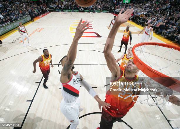 Rudy Gobert of the Utah Jazz blocks the shot against the Portland Trail Blazers on February 23, 2018 at vivint.SmartHome Arena in Salt Lake City,...