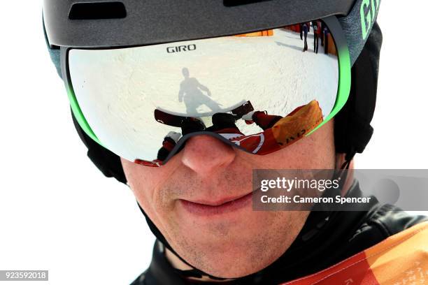 Nevin Galmarini of Switzerland looks on during the Men's Snowboard Parallel Giant Slalom Quarterfinal on day fifteen of the PyeongChang 2018 Winter...