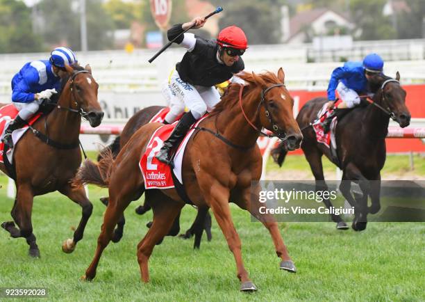 Jordan Childs riding Written By reacts after winning Race 7 Blue Diamond Stakes during Melbourne Racing at Caulfield Racecourse on February 24, 2018...