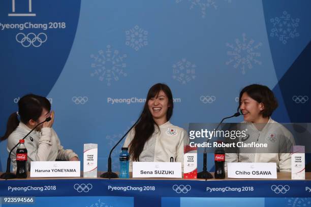Haruna Yoneyama, Sena Suzuki and Chiho Osawa of Japan Women's Ice Hockey team speak to the media during a press conference on day 15 of the...