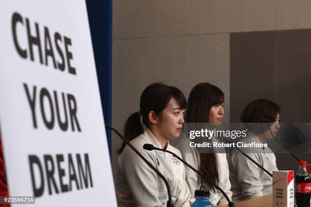 Haruna Yoneyama, Sena Suzuki and Chiho Osawa of Japan Women's Ice Hockey team speak to the media during a press conference on day 15 of the...